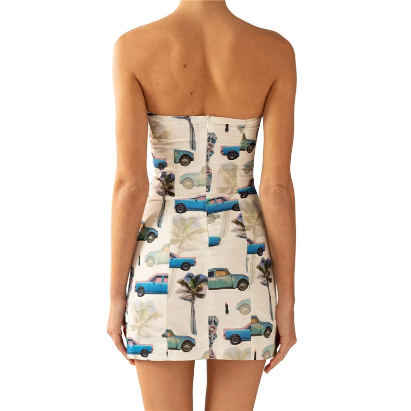 Aesthetic Dress y2k Women Floral Print Off Shoulder Strapless Sleeveless Mini Dress Going Out Party Dresses Clubwear