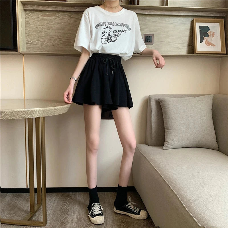 5Xl Summer Shorts Skirts Women Elastic High Waist Casual Wide Leg Shorts Korean A Line Loose Mini Skirt Black Short Pants