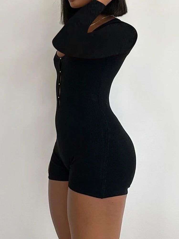Mono negro sexy ajustado con gancho hueco en la parte delantera para mujer, mono negro liso con cuello redondo y manga larga para otoño e invierno, trajes básicos de baddie.
