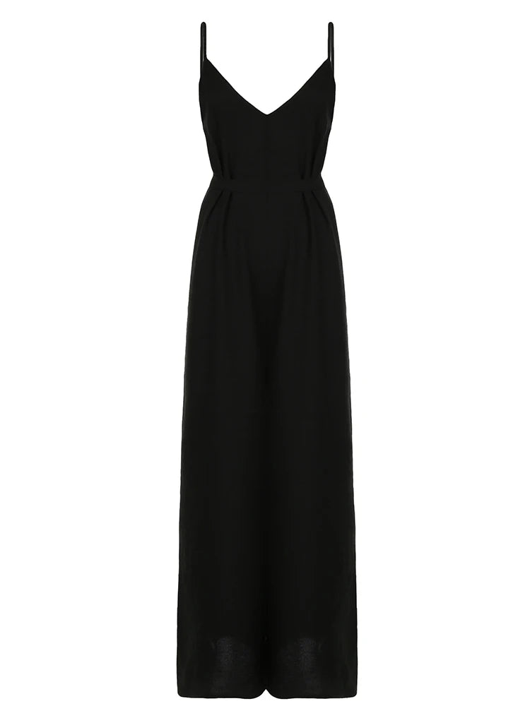 Monos bohemios negros informales holgados con cuello en V sin mangas para mujer, monos de pierna ancha con espalda descubierta y tirantes finos para vacaciones.