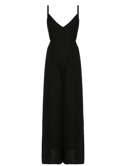 Monos bohemios negros informales holgados con cuello en V sin mangas para mujer, monos de pierna ancha con espalda descubierta y tirantes finos para vacaciones.