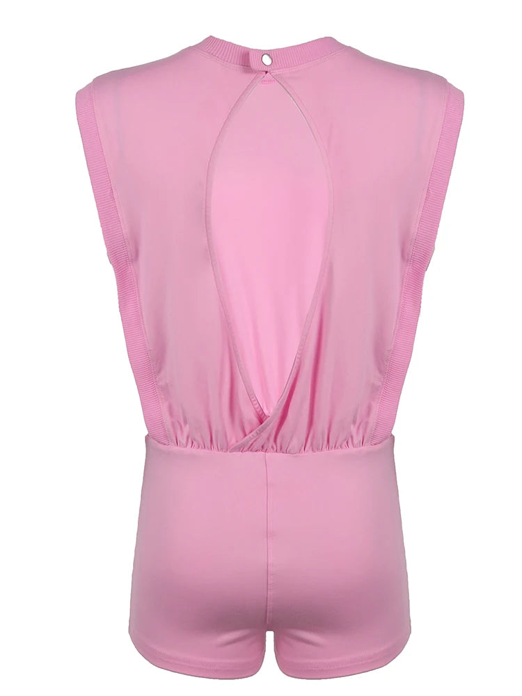 Mono tipo blusa estilo bohemio sin mangas con espalda hueca para mujer, cuello redondo, liso, sencillo, informal, para vacaciones de verano y playa, color rosa