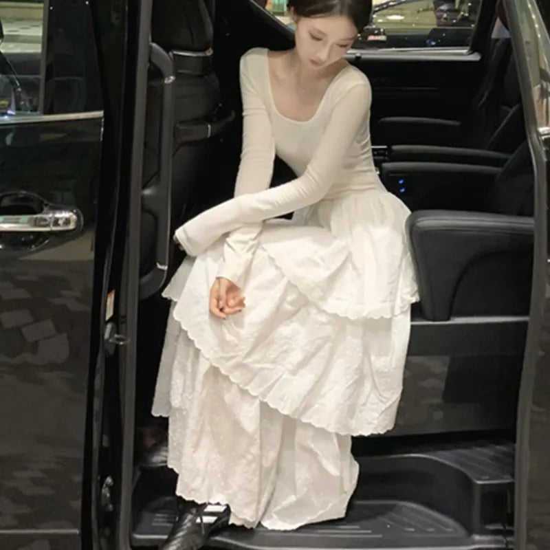 Vestidos midi de otoño para mujer, de manga larga, lisos, con cuello en U, sin espalda, corte en A, moda coreana, informales, de una pieza