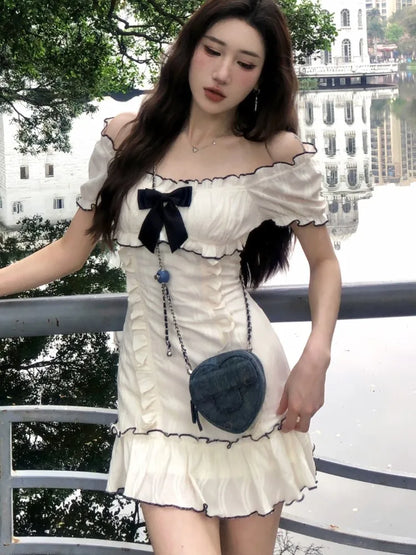 Vestidos cortos con volantes Y2K para mujer, vestido ajustado con hombros descubiertos y mangas abullonadas para fiesta de cumpleaños, moda coreana, nuevos vestidos de verano para mujer