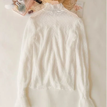 Blusa de verano con cuello alto y malla transparente para mujer, fina, ajustada, con encaje y mangas largas acampanadas