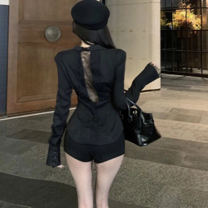 Backless Lace Youthful Fashion Black Long Sleeve Shirt Women V Neck Patchwork Elegant Basic Blouse Lady Office Casual White Top