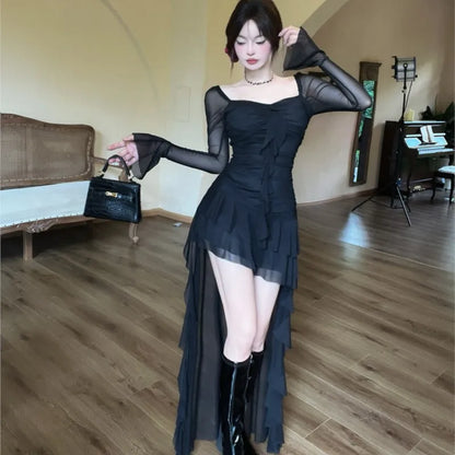 Vestido de fiesta de noche irregular Y2K de malla de manga larga con cuello cuadrado y volantes, corte en A, sexy, moda coreana