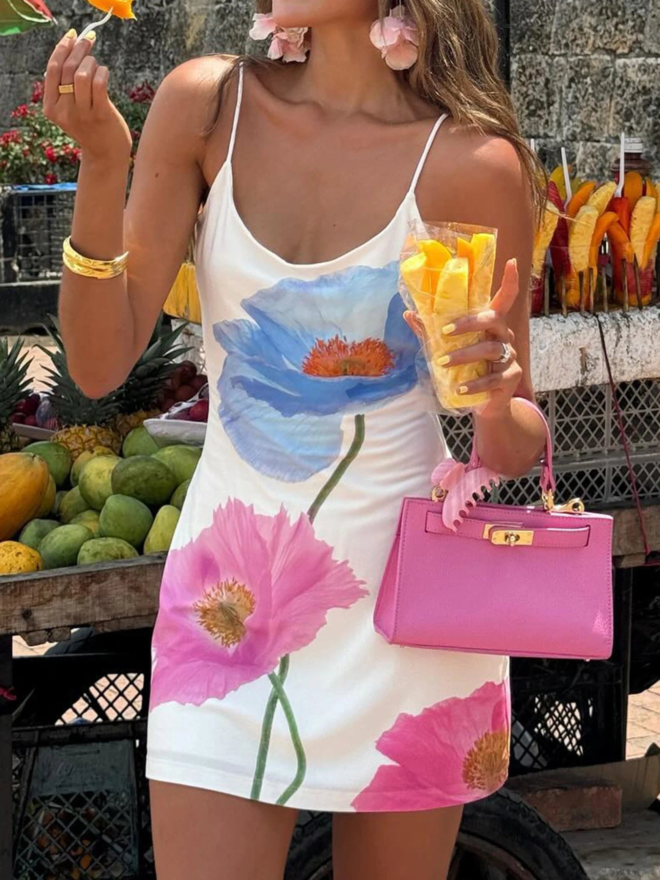 Backless Floral Print Romantic Vacation Boho Dress Women Sleeveless Sexy Summer Spaghetti Staps Short Dresses