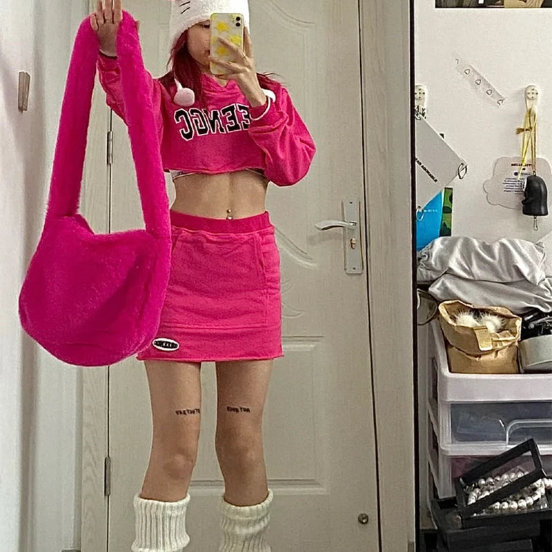 2000s Y2k Hot Girls Candy Color Rose Pink Plush Crossbody Shoulder Bag Women Winter Harajuku Street Fashion Faux Rabbit Fur Bags