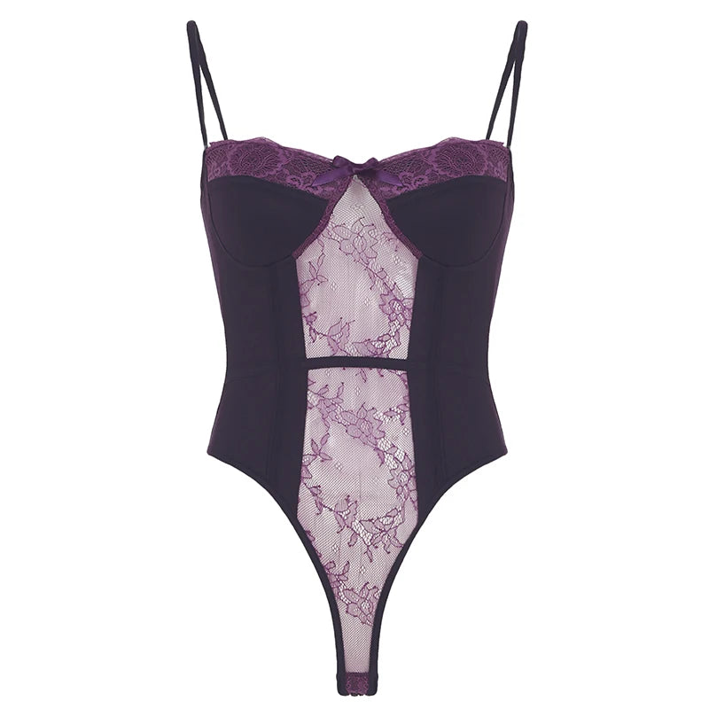 Mono de encaje con lazo y cuello halter para mujer, sexy, a la moda, con retazos, morado, nuevo y moderno