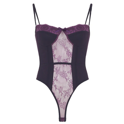 Mono de encaje con lazo y cuello halter para mujer, sexy, a la moda, con retazos, morado, nuevo y moderno