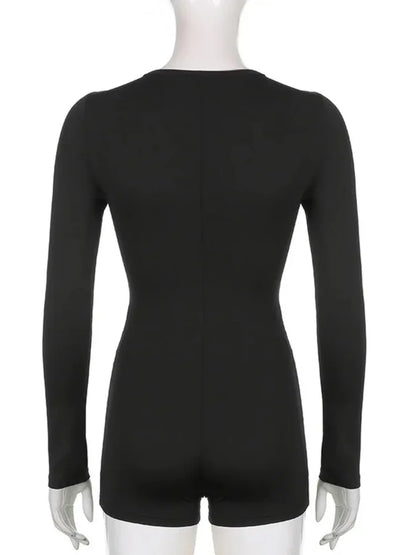 Mono negro liso ajustado de manga larga para mujer, ropa informal de una pieza, mono con cuello en V y botones, ropa de calle sexy