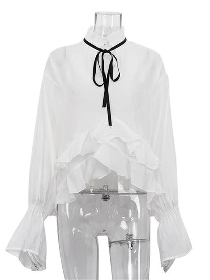 Bandage See-Through Chiffon Shirts Pullover For Women Cover up Patchwork Fashion Summer  Lace-Up Women’s Blouse Top