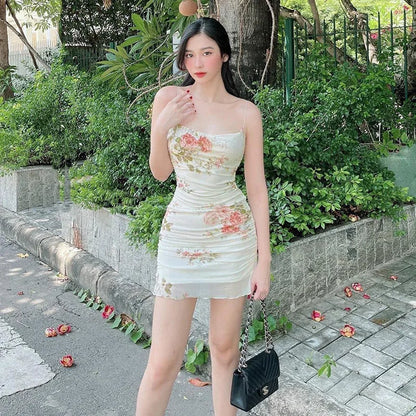 2000s Women Floral Mini Dress y2k Aesthetic Sleeveless Ruffles Hem Kawaii Sundress Sexy Sweet Girl Fairycore Dresses