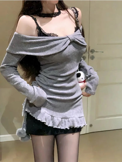 Conjunto de dos piezas de encaje Y2K, minivestidos para mujer, tirantes finos, de punto, estilo coreano, sexy, para fiesta