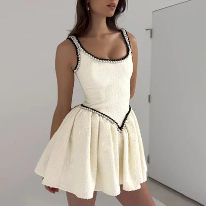Chic Slim Suspender Dress Women’s Elegant Contrast Color Splice Sleeveless A-Line Mini Dresses Female Party Club Clothes
