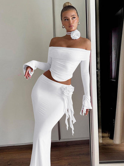 Winter New Sexy Long Sleeved Half Skirt Set For Woman 3D Flower Slim Tight Long Skirt Party Evening Dress Two Piece Set