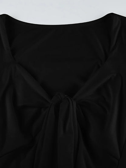 Black Tie V Neck Elegant Split Slim Sexy Blouses Women Flared Long Sleeve Solid Basic Fashion Spring Autumn Shirts