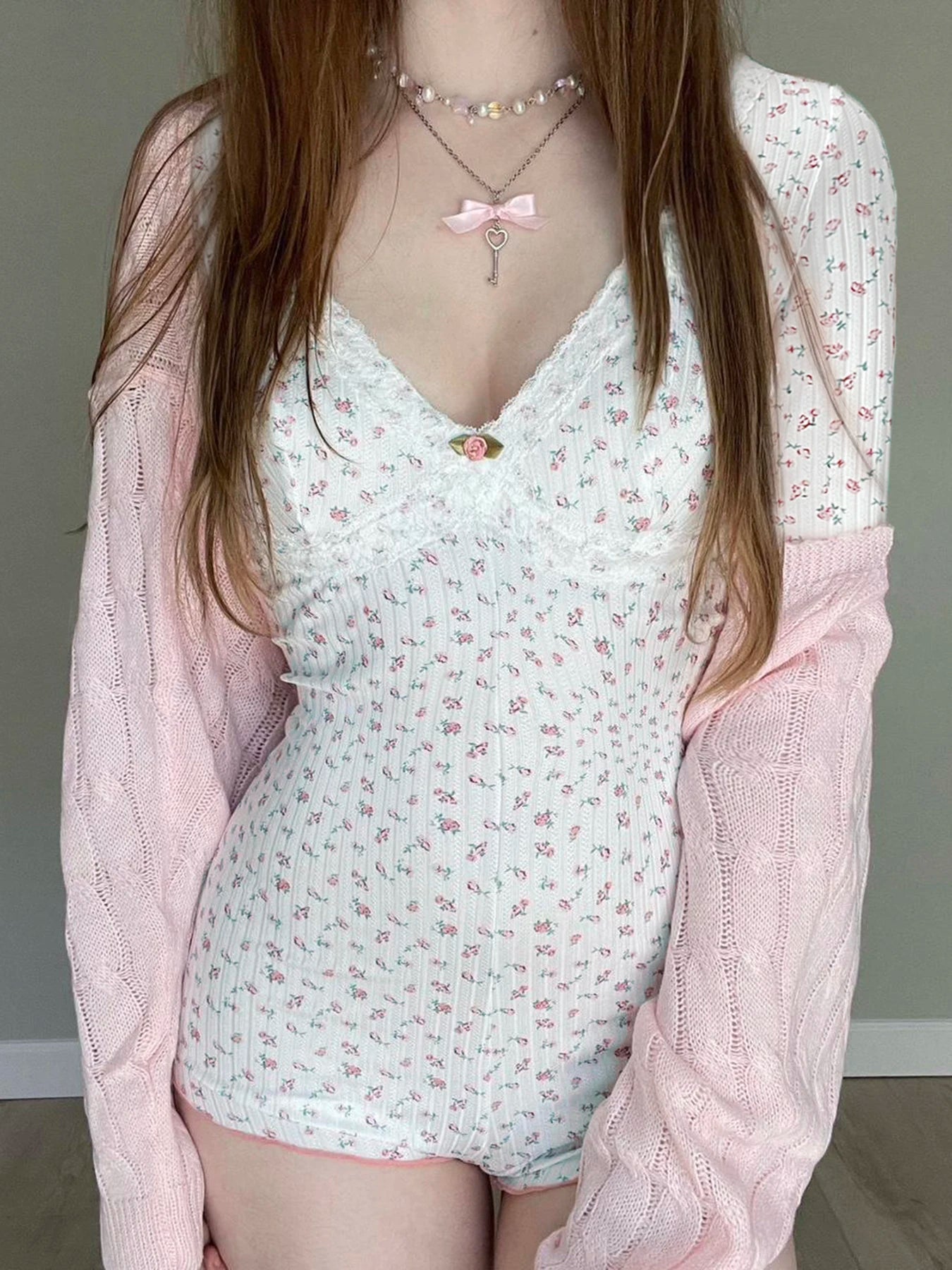 Mono de hada dulce y suave para mujer, con estampado floral, ribete de encaje, escote en V, manga larga, estilo coreano, moderno, bonito