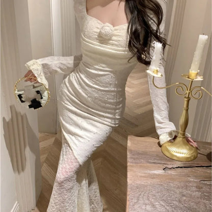 Vestidos largos de encaje sexys de otoño para mujer, vestidos de cola de pez con hombros descubiertos, vestido ajustado de sirena para fiesta de cumpleaños y graduación, vestidos para mujer