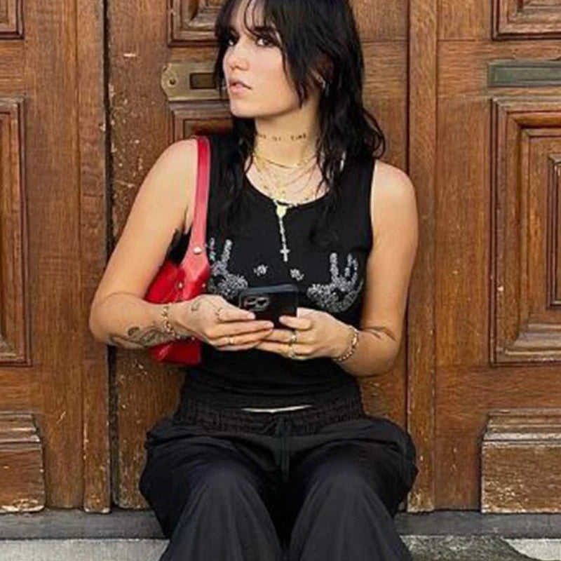 Camiseta sin mangas de verano para mujer, estilo europeo y americano, con cuello redondo y diamantes, sin mangas y abertura en el ombligo, ajustada, estilo Y2K