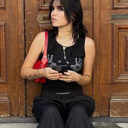 Camiseta sin mangas de verano para mujer, estilo europeo y americano, con cuello redondo y diamantes, sin mangas y abertura en el ombligo, ajustada, estilo Y2K