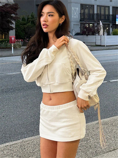 Autumn Fashion Hoodie 2 Piece-Set Skirt Female Cropped Zipper Cardigan Top And Skirt Sets Tracksuit Women’s Sexy Outfits