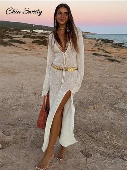 Beach V-neck Long Dress Women White Knitted Lace Up See Through High Slit Maxi Dresses 2025 Summer Lady Holiday Vacation Robes
