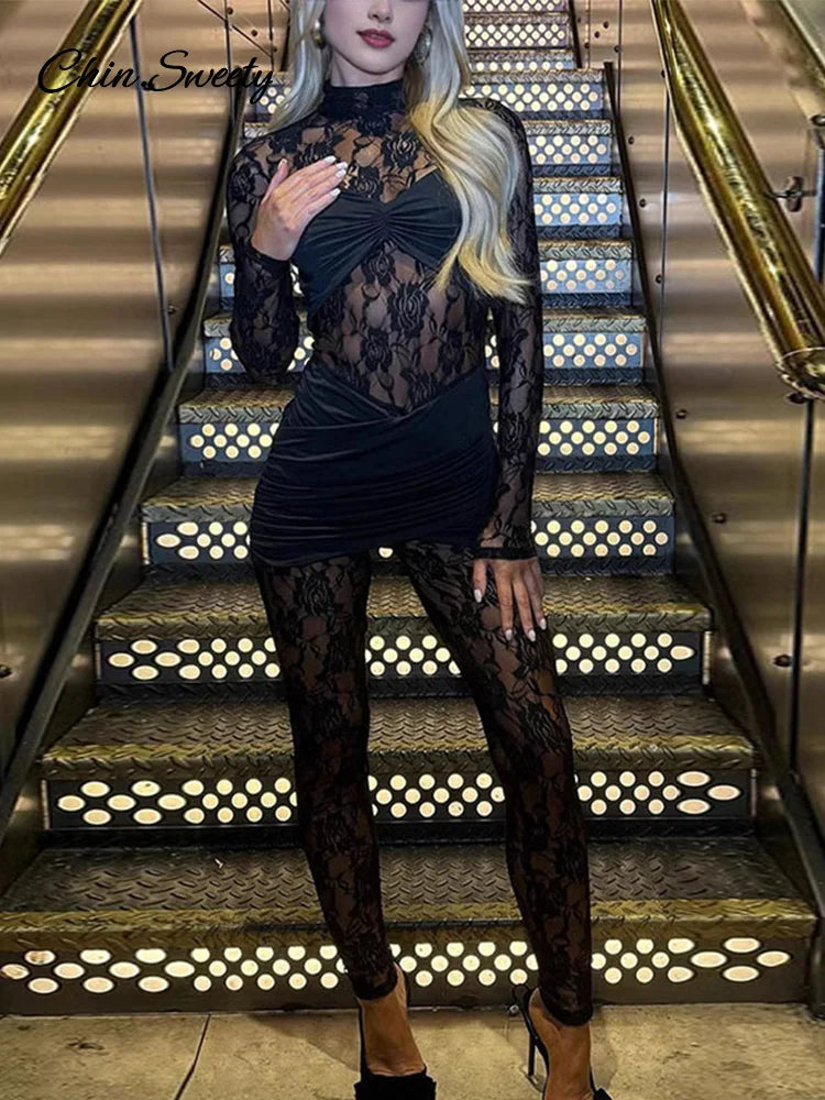 Mono sexy de encaje de manga larga de una pieza para mujer, mono ajustado con cuello alto, mono transparente para fiesta y club, primavera 2025