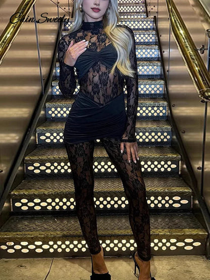 Mono sexy de encaje de manga larga de una pieza para mujer, mono ajustado con cuello alto, mono transparente para fiesta y club, primavera 2025