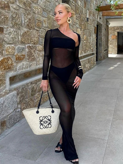 Black See Through Y2k Dress For Women Clothing Long Sleeve Vestidos De Mujer Slim Sexy Streetwear High Waist Autumn Robe Femme