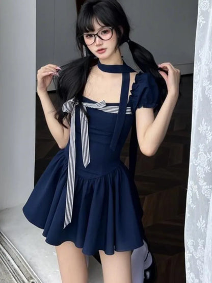 Vestidos cortos Y2K para mujer, cuello cuadrado, mangas abullonadas, volantes, corte A, liso, moda coreana de verano, dulce, de una pieza, Vestido para mujer