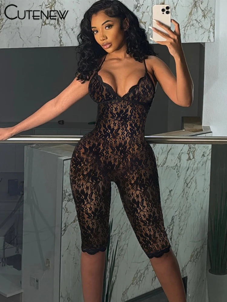 Mono de encaje para mujer, liso, sexy, con tirantes finos cruzados, espalda descubierta, cuello bajo, ribete transparente, mono ajustado de una pieza para mujer de medianoche