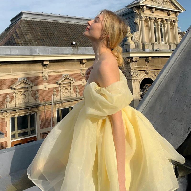 Women Kawaii Puff Sleeve Tulle Princess Dress Vintage Off Shoulder Square Collar Mini Dress Puffy Mesh Party Prom Evening Dress