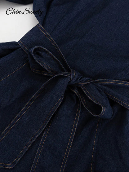 Casual Women’s Denim Blue Mini Dresses O-neck Long Sleeved Cinched High Waist Lace Up Dresses 2025 Spring Lady A-line Vestidos