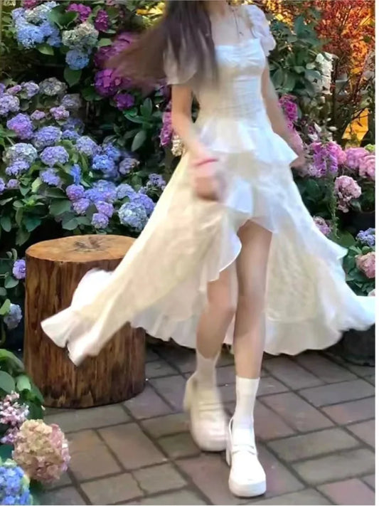 Vestidos midi con volantes irregulares Y2K para mujer, manga abullonada, cuello cuadrado, corte A, estilo francés vintage, para fiesta de cumpleaños y graduación