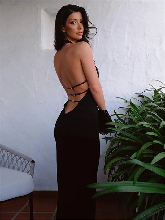 Vestido ajustado sexy de verano para mujer, vestido de tubo sin espalda con cuello halter, color sólido, sin mangas