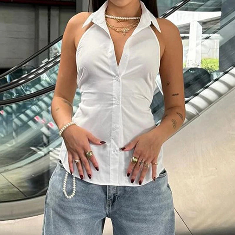 Women Sexy Backless Lace-up Shirt Vest White Halter Sleeveless Turndown Collar Buttons Tank Top Stylish Chic Outfits
