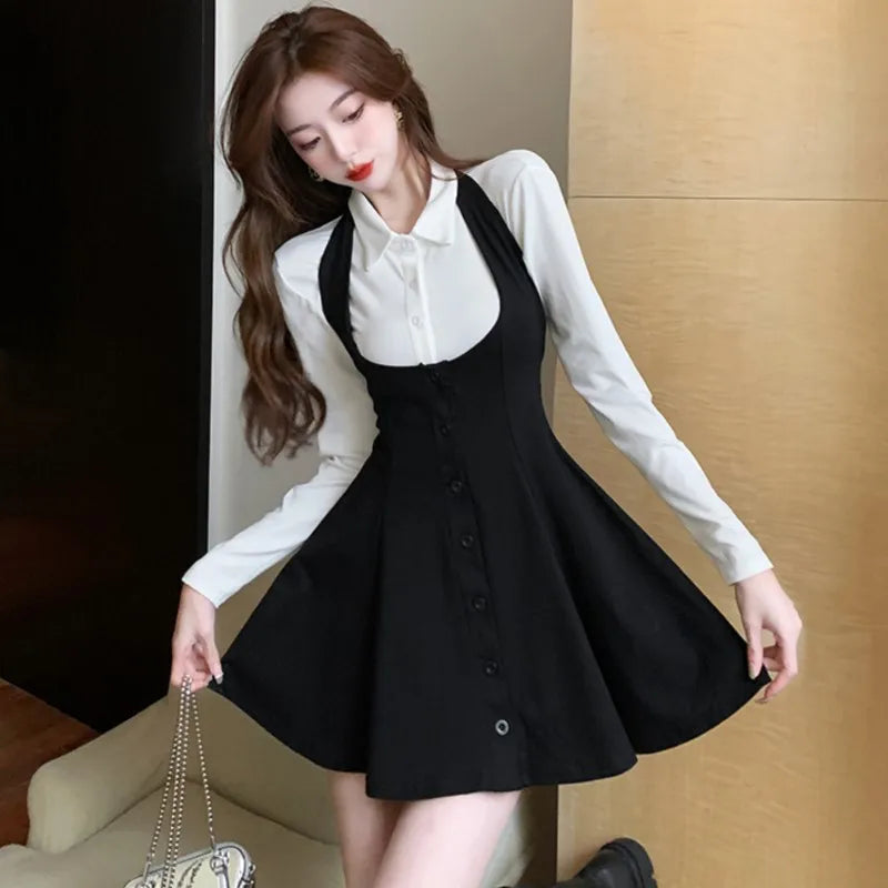 Autumn New Two-piece Skirt Sets Women Long Sleeve White Blouse High Waist Halter Mini Dress Korean Fashion Y2K Harajuku Outfits