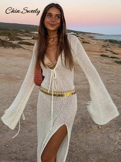 Beach V-neck Long Dress Women White Knitted Lace Up See Through High Slit Maxi Dresses 2025 Summer Lady Holiday Vacation Robes