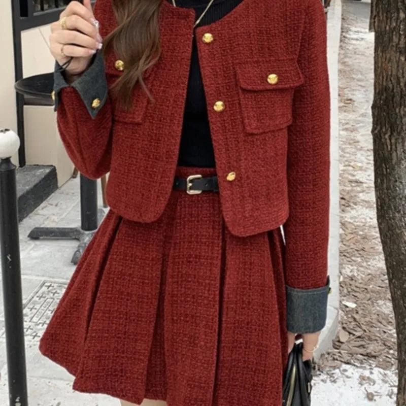 Autumn Winter New Red Tweed Two-piece Skirt Set Women Short Jacket Coat Pleated Mini Skirt Korean Fashion Chic Female Outfits