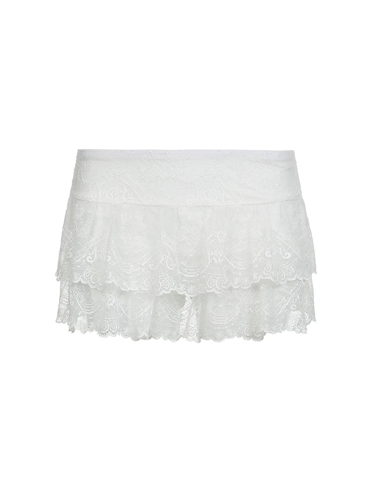Black Solid Low Waist Tiered Lace Shorts Skirts Womens White Fairycore Micro Boho Skirt