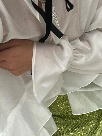 Bandage See-Through Chiffon Shirts Pullover For Women Cover up Patchwork Fashion Summer  Lace-Up Women’s Blouse Top