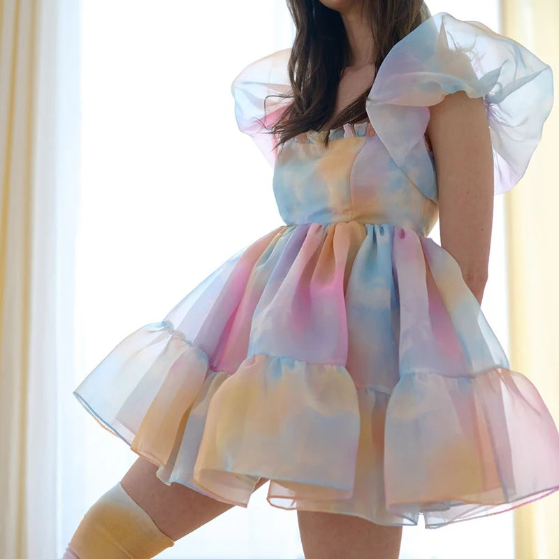 Women Kawaii Puff Sleeve Tulle Princess Dress Vintage Off Shoulder Square Collar Mini Dress Puffy Mesh Party Prom Evening Dress
