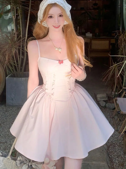 Y2K Slim Princess Short Dresses for Women Summer Spaghetti Strap Corset A-line Solid Birthday Party Dress Prom Vestidos Mujer