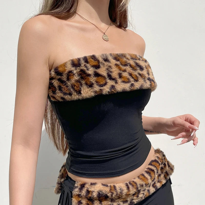 Chaleco sin tirantes con parches peludos de leopardo Y2K para mujer, camiseta sin mangas ajustada sexy a la moda, top corto retro chic sin mangas, ropa de club