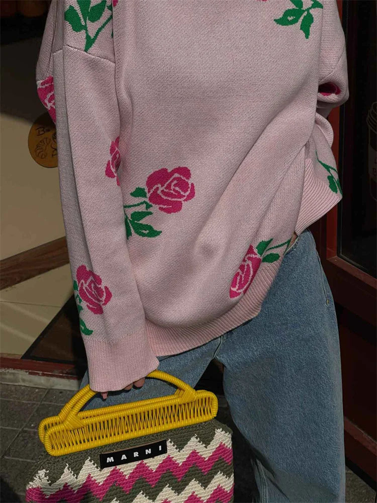 Autumn Knit Sweater Pullover Women’s Printed Long Sleeve High Waist Ribbed Fashion Loose Knitwear Top Female Sweater