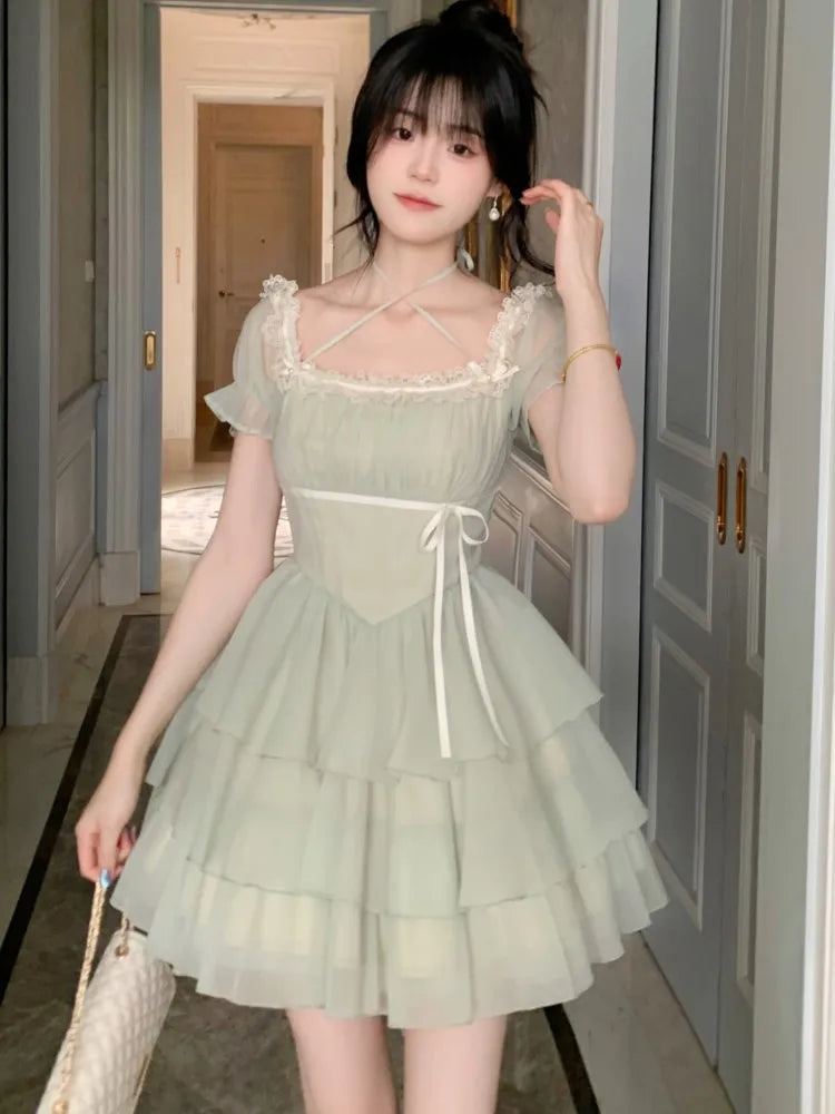 Y2K Princess Birthday Party Dress Lace Patchwork Short Dresses for Women Puff Sleeves Ruffles A-line Cake Vestido Mujer  New