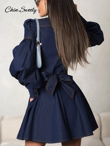 Casual Women’s Denim Blue Mini Dresses O-neck Long Sleeved Cinched High Waist Lace Up Dresses 2025 Spring Lady A-line Vestidos