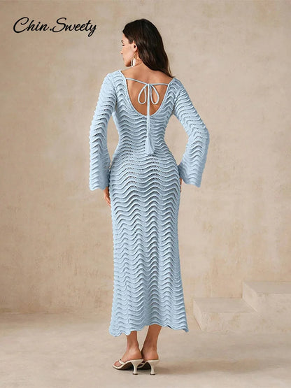 Beach Knit Hollow Out Maxi Dress Women Solid Flare Sleeve Lace-Up See-Through Holiday Dresses Female 2025 Summer Lady Slim Robes